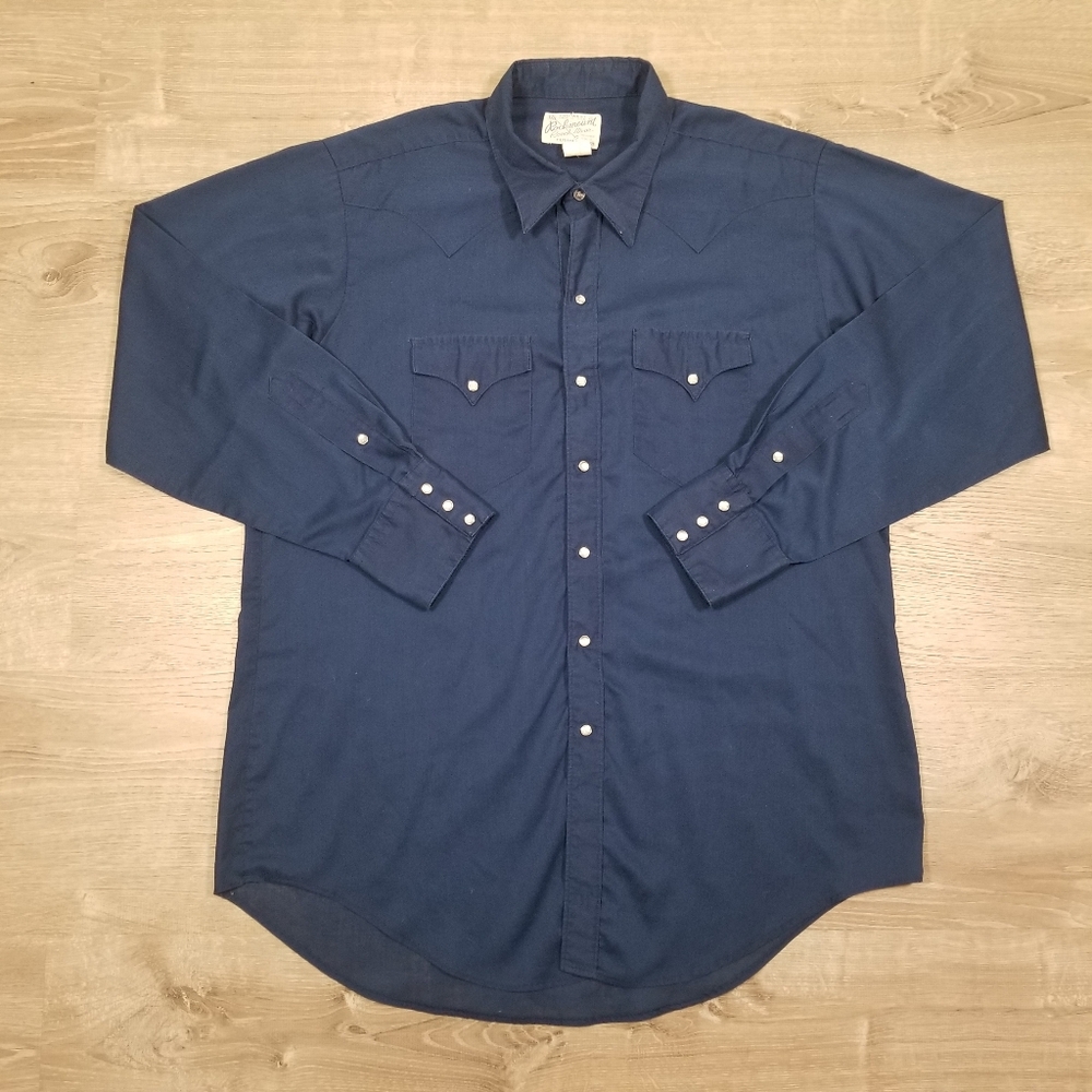 Vintage Tru West Rockmount Ranchwear Blue Pearl Snap Shirt Mens Size XL USA